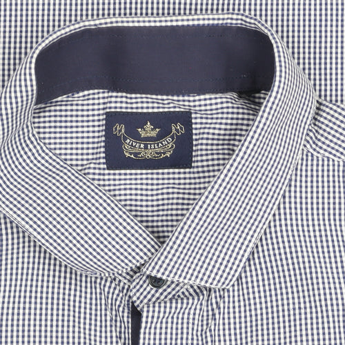 River Island Men's Blue Check Slim Fit Long Sleeve Shirt L