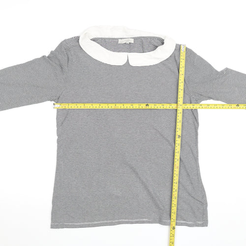 Hobbs Women Black Striped Long Sleeve Cotton Collared Top Size L
