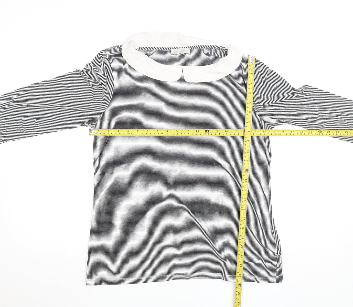 Hobbs Women Black Striped Long Sleeve Cotton Collared Top Size L