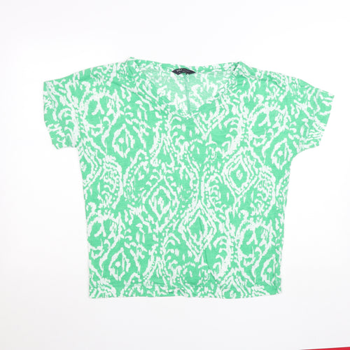 Marks and Spencer Womens Green Pattern Linen Blend V-Neck T-Shirt Size 12