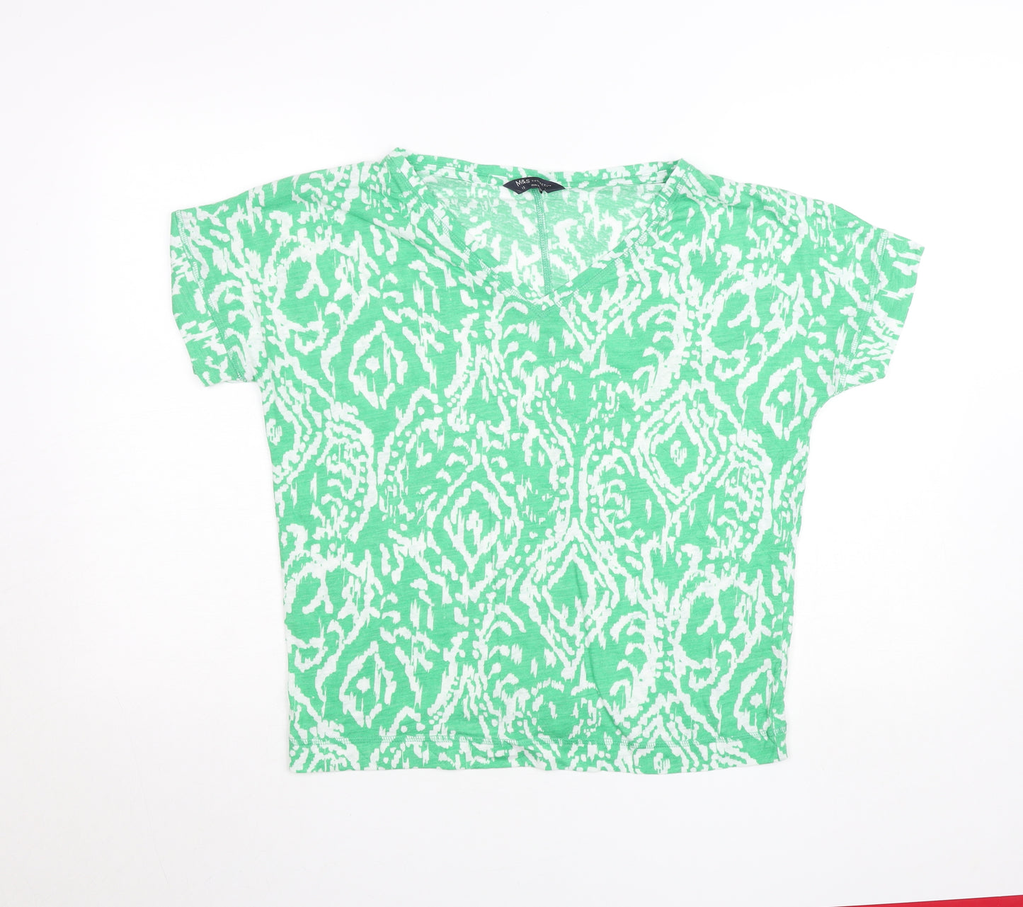 Marks and Spencer Womens Green Pattern Linen Blend V-Neck T-Shirt Size 12