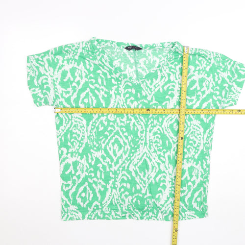 Marks and Spencer Womens Green Pattern Linen Blend V-Neck T-Shirt Size 12