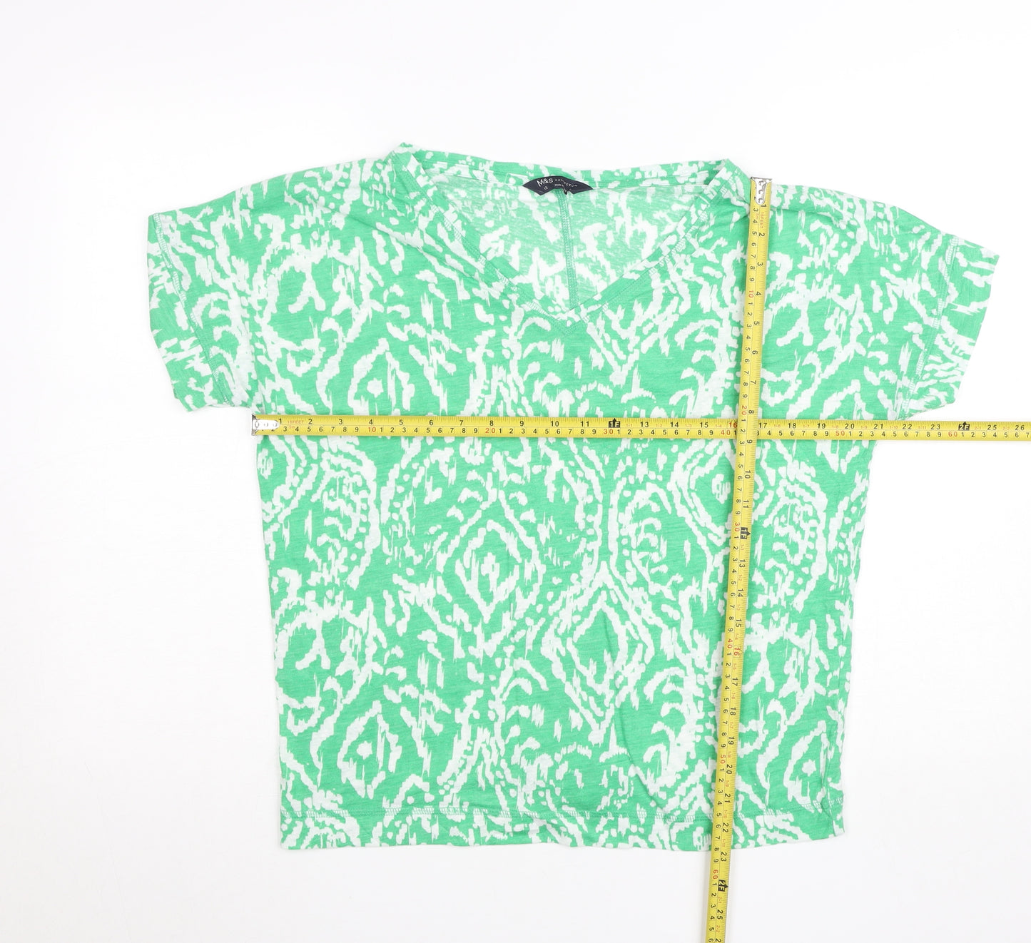 Marks and Spencer Womens Green Pattern Linen Blend V-Neck T-Shirt Size 12