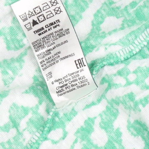 Marks and Spencer Womens Green Pattern Linen Blend V-Neck T-Shirt Size 12