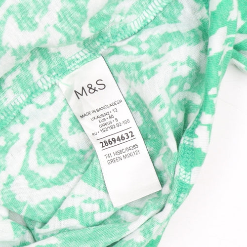 Marks and Spencer Womens Green Pattern Linen Blend V-Neck T-Shirt Size 12
