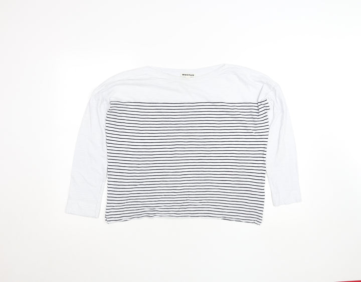 Whistles Women White Striped Long Sleeve Cotton T-Shirt Size S