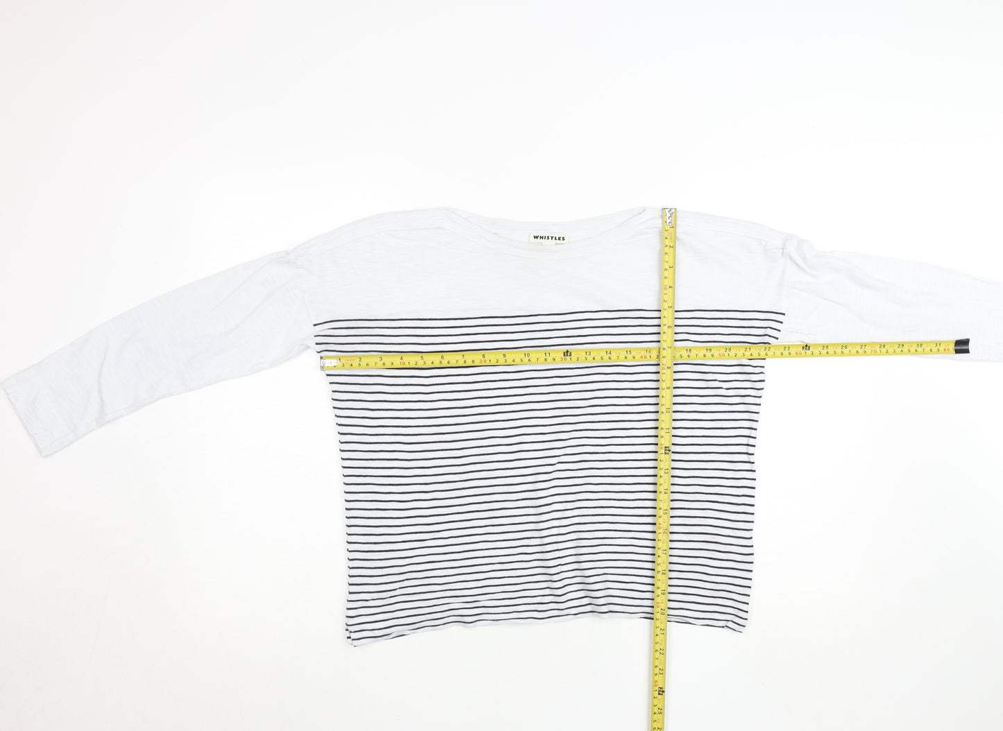 Whistles Women White Striped Long Sleeve Cotton T-Shirt Size S