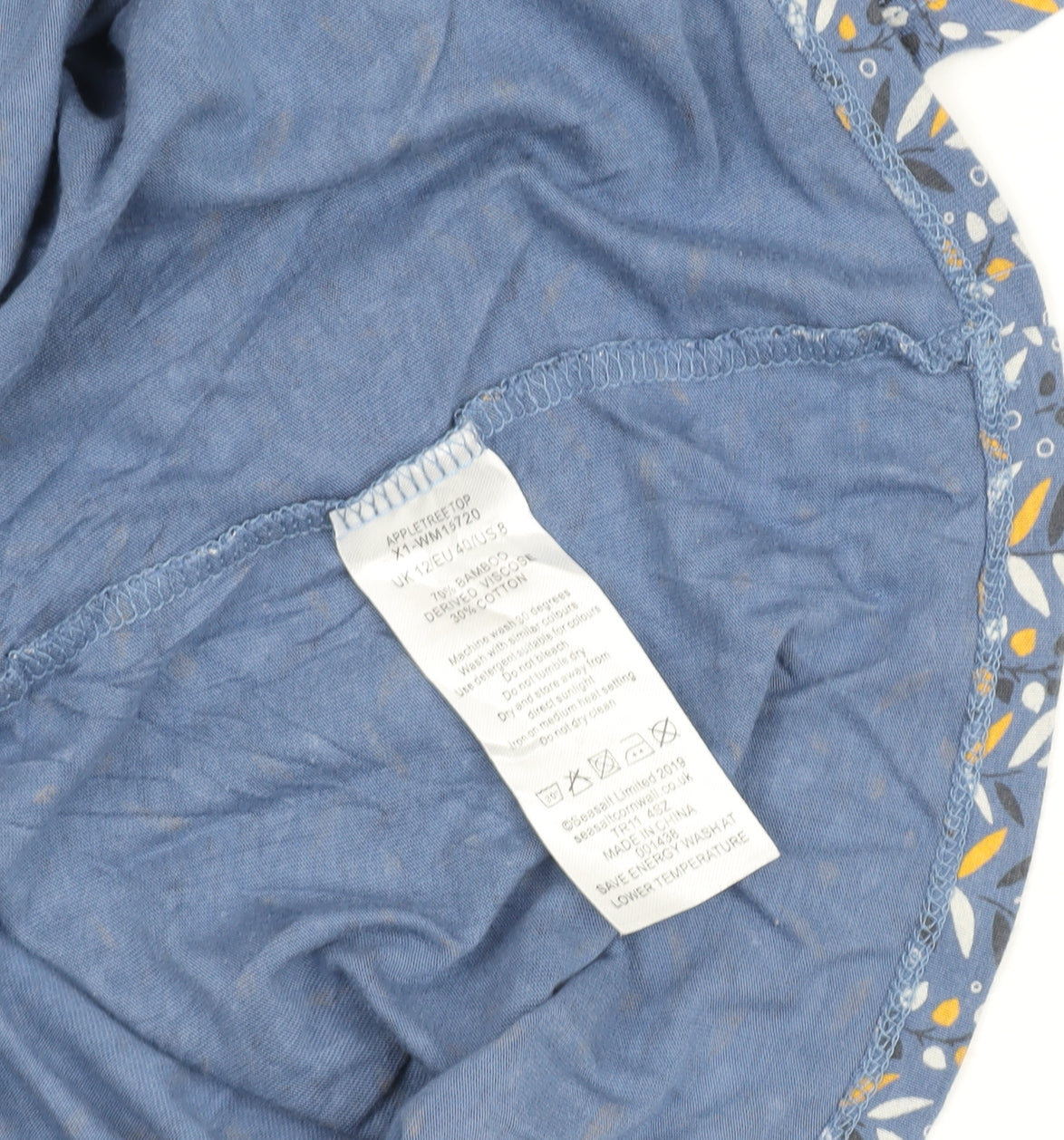 Seasalt Cornwall Women’s Blue Floral Bamboo Cotton Short Sleeve T-Shirt UK 12