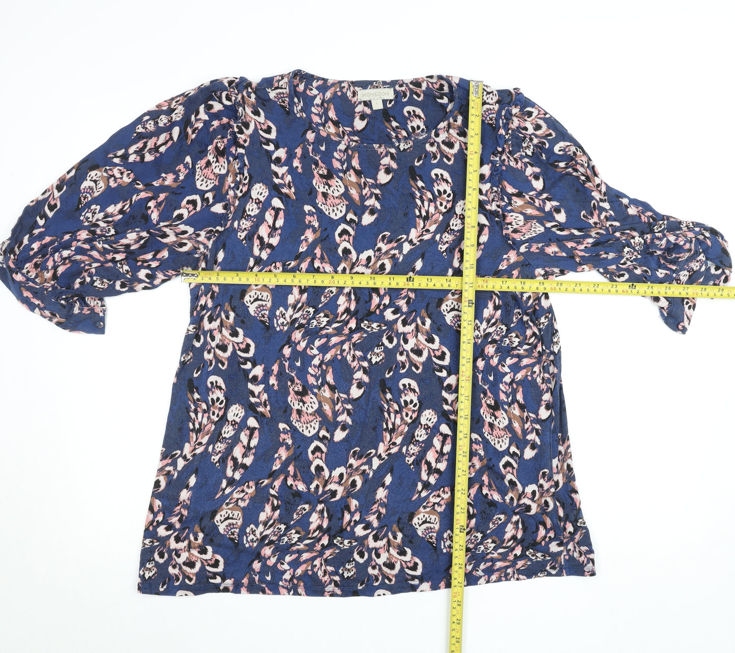 Monsoon Women Blue Floral 3/4 Sleeve Viscose Tunic Blouse Size L