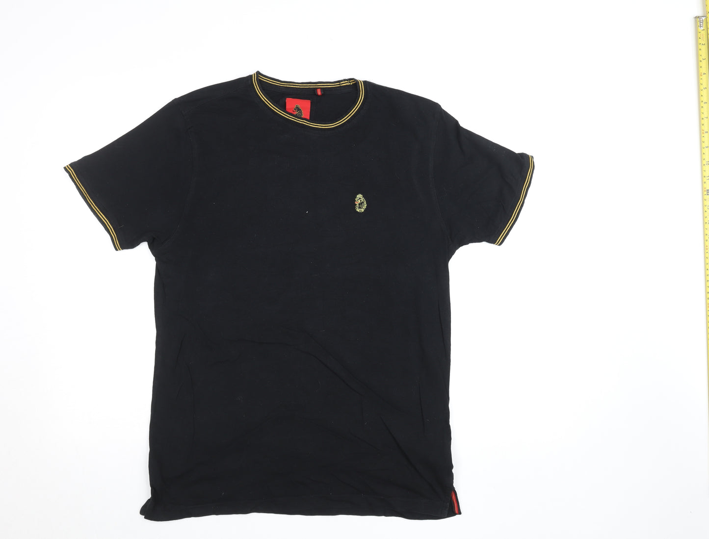 Luke Men's Black Medium Crew Neck Cotton T-Shirt with Embroidered Logo