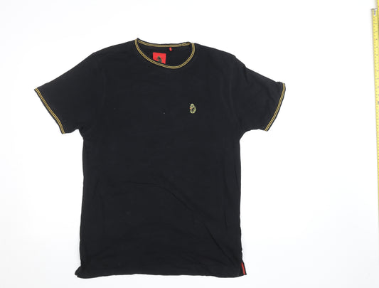 Luke Men's Black Medium Crew Neck Cotton T-Shirt with Embroidered Logo