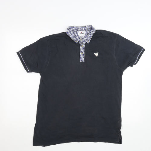 Soviet Mens Black Check Collar Polo Shirt Size L Short Sleeve Cotton