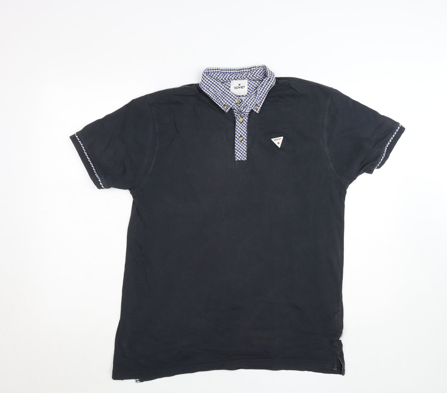 Soviet Mens Black Check Collar Polo Shirt Size L Short Sleeve Cotton