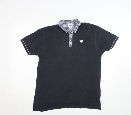 Soviet Mens Black Check Collar Polo Shirt Size L Short Sleeve Cotton