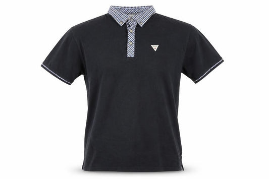 Front view of Soviet men’s black check collar polo shirt, size L, short sleeve cotton