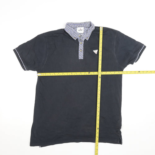 Soviet Mens Black Check Collar Polo Shirt Size L Short Sleeve Cotton