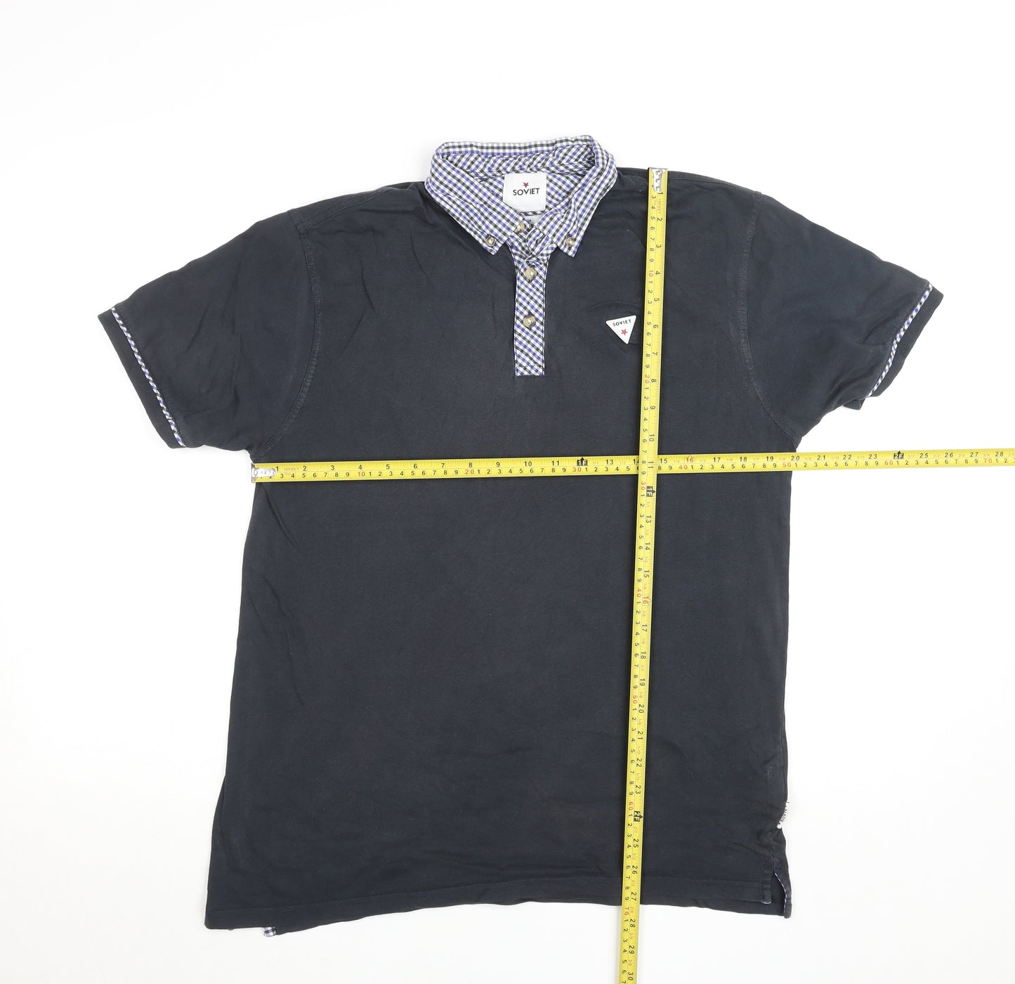 Soviet Mens Black Check Collar Polo Shirt Size L Short Sleeve Cotton