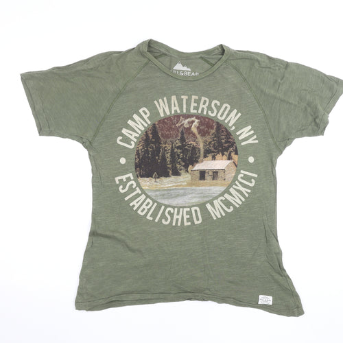 Pull&Bear Men's Green Graphic Outdoor Cotton T-Shirt Size S