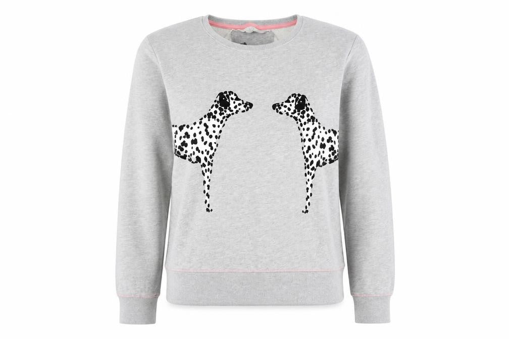 Front view of Next girls’ grey dalmatian print sweatshirt, size 10, crew neck