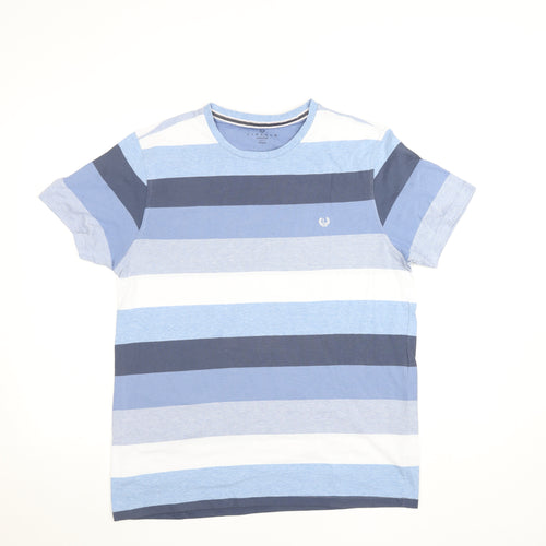 Lincoln Men's Blue Striped Cotton Blend Crew Neck T-Shirt Large