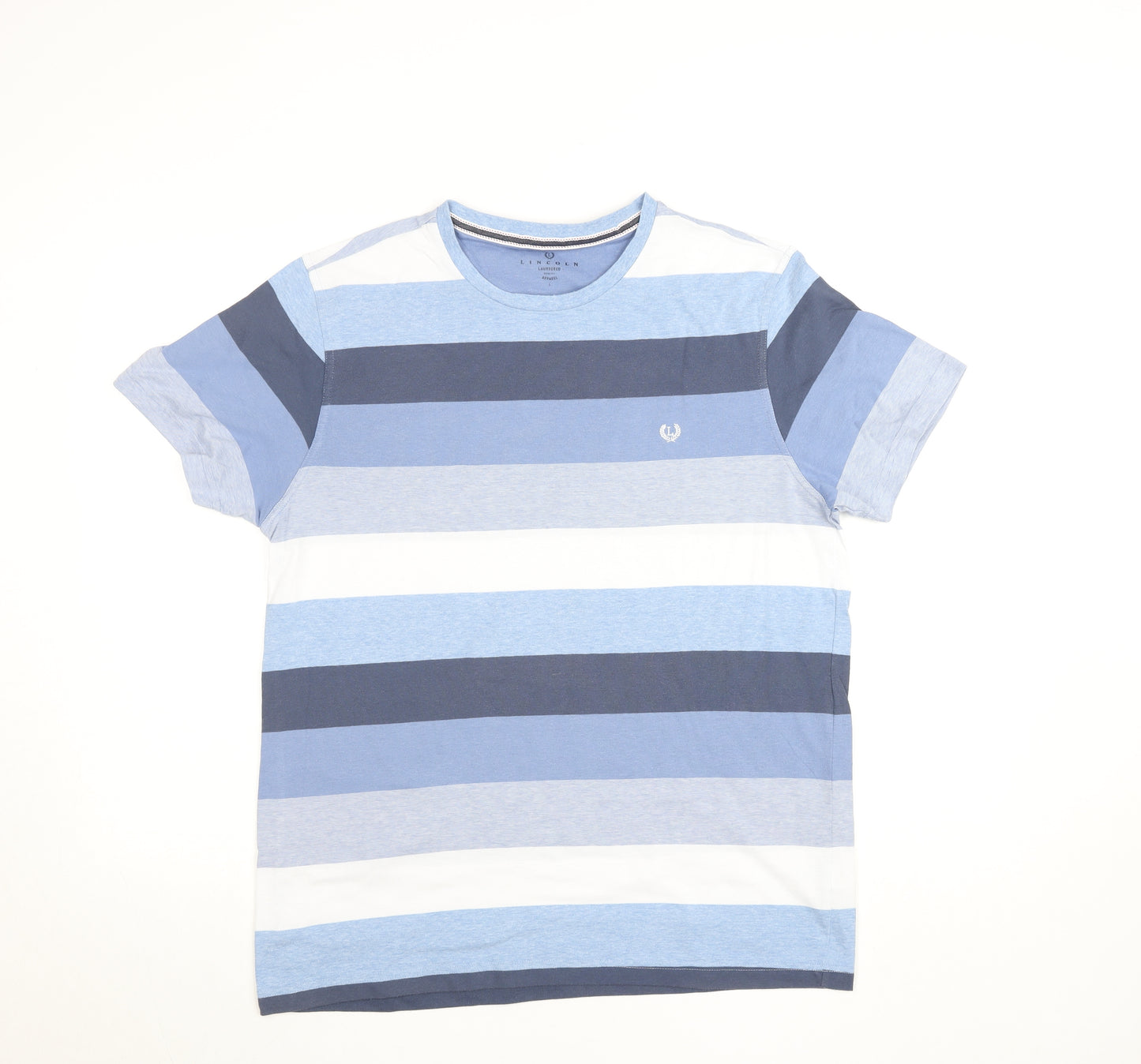Lincoln Men's Blue Striped Cotton Blend Crew Neck T-Shirt Large