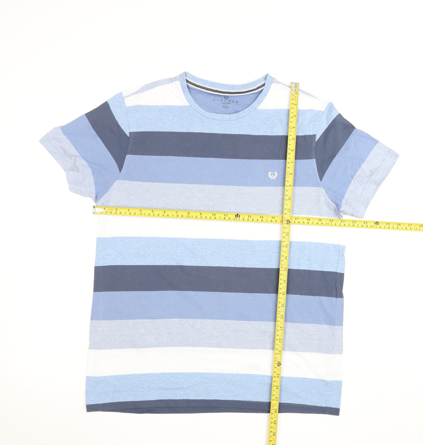 Lincoln Men's Blue Striped Cotton Blend Crew Neck T-Shirt Large