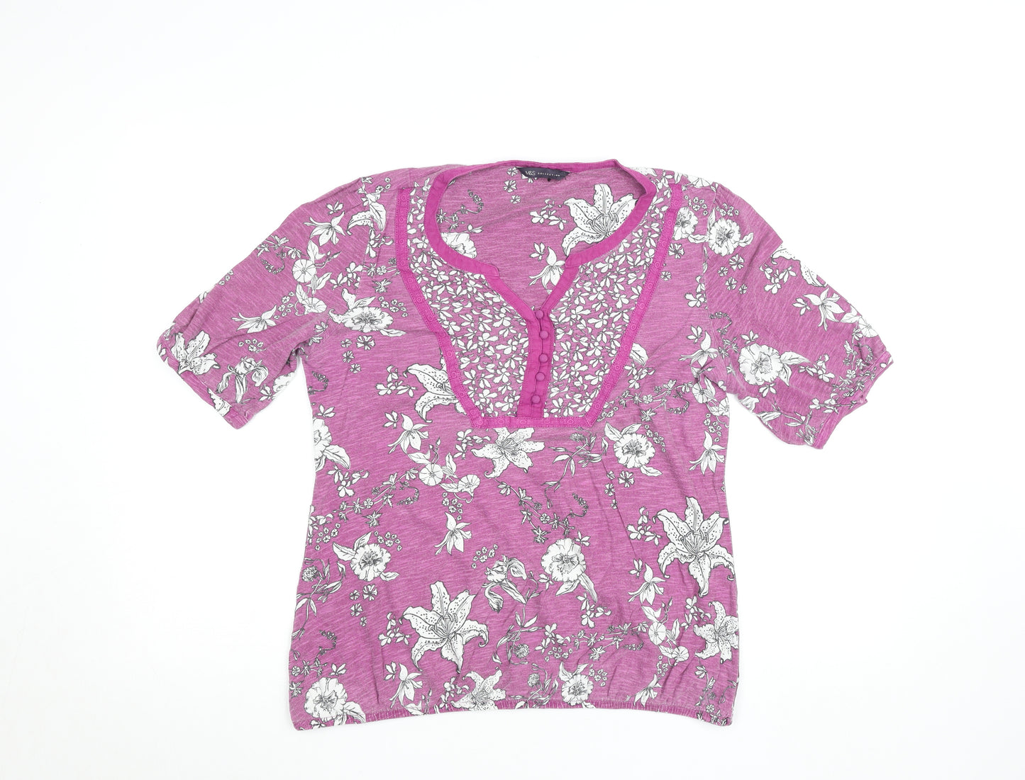 Marks and Spencer Women's Pink Floral Cotton Short Sleeve T-Shirt Size 12