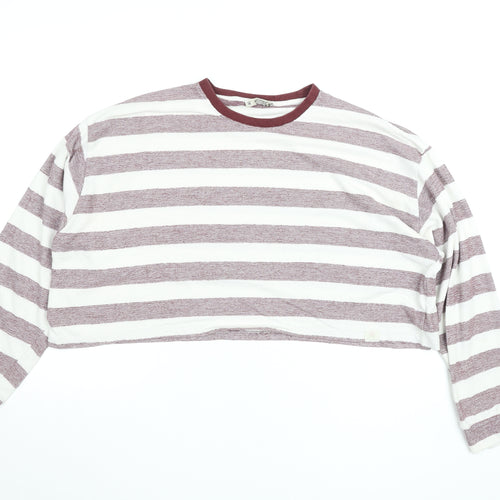 Pull & Bear Women's Red White Striped Cropped Long Sleeve T-Shirt Size 12