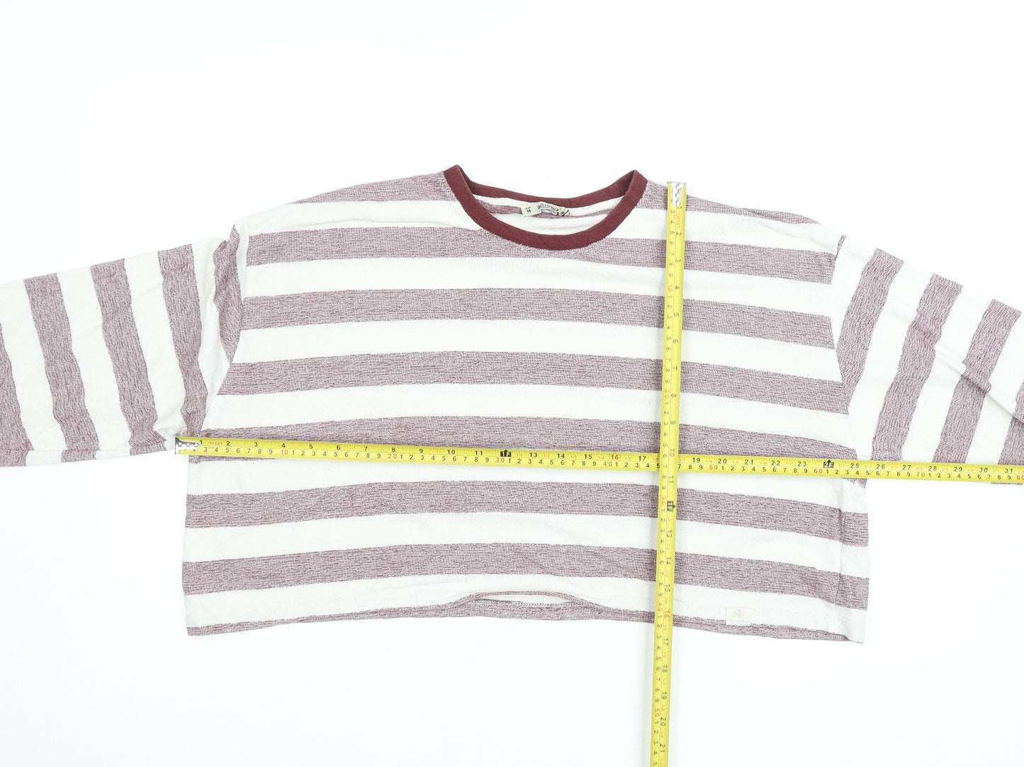Pull & Bear Women's Red White Striped Cropped Long Sleeve T-Shirt Size 12
