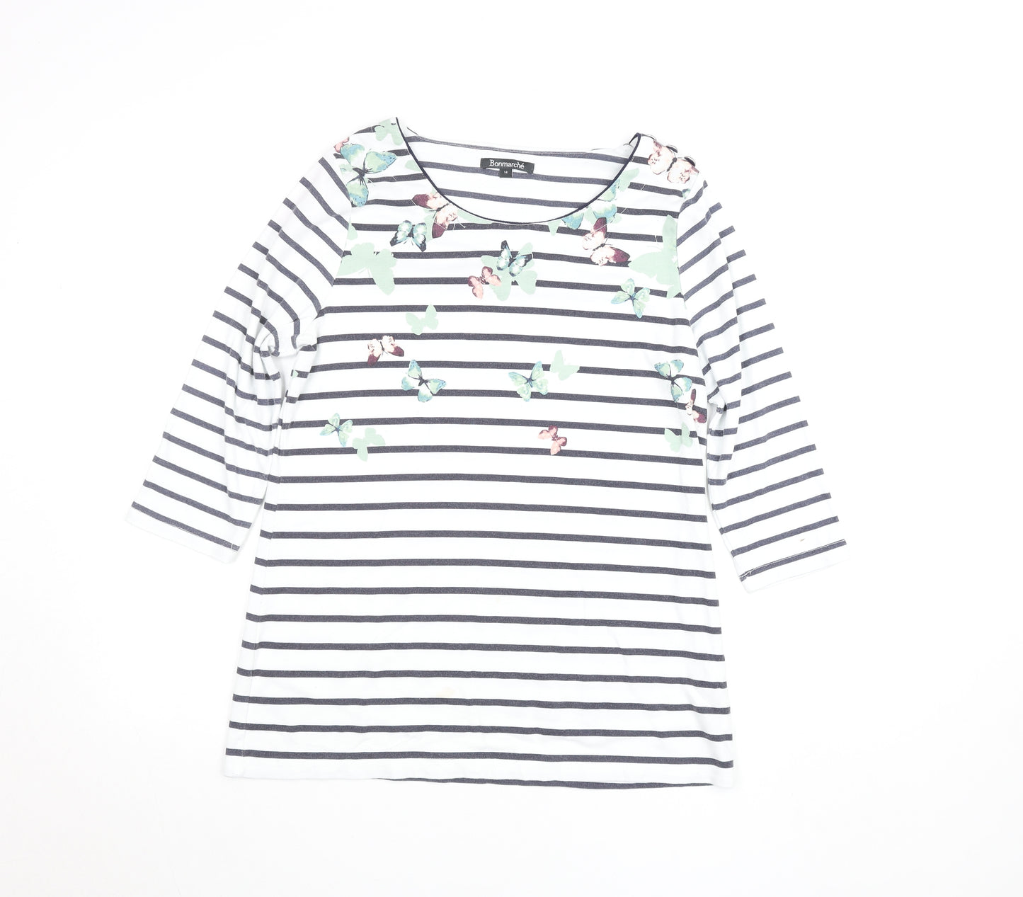 Bonmarché Women’s White Striped Butterfly T-Shirt Size 14 3/4 Sleeve