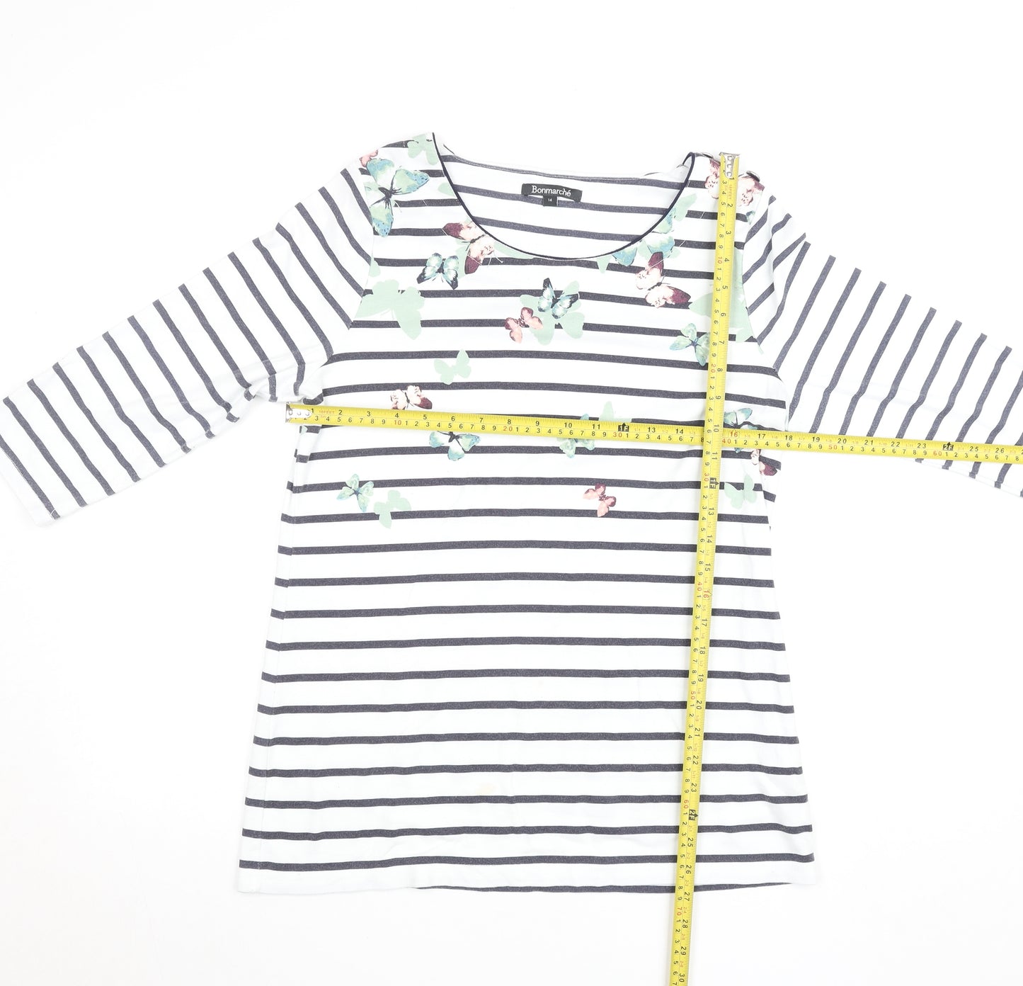 Bonmarché Women’s White Striped Butterfly T-Shirt Size 14 3/4 Sleeve