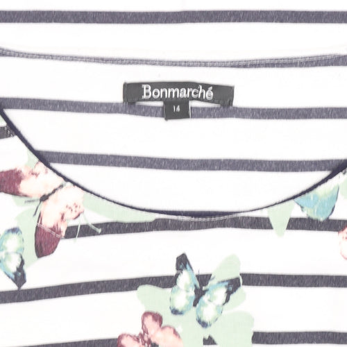 Bonmarché Women’s White Striped Butterfly T-Shirt Size 14 3/4 Sleeve