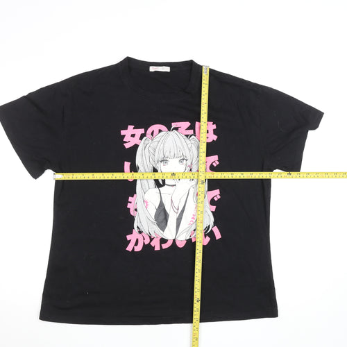 Romwe Womens Black Anime Print Crew Neck Short Sleeve T-Shirt Size 10