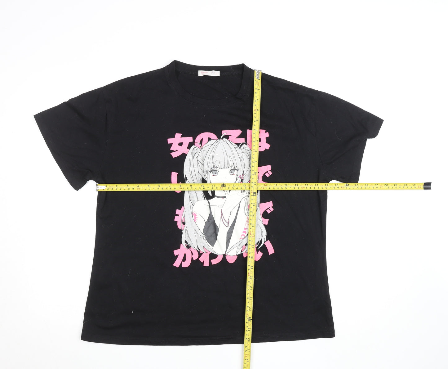 Romwe Womens Black Anime Print Crew Neck Short Sleeve T-Shirt Size 10