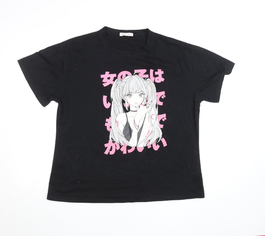 Romwe Womens Black Anime Graphic T-Shirt Size 10 Polyester Blend