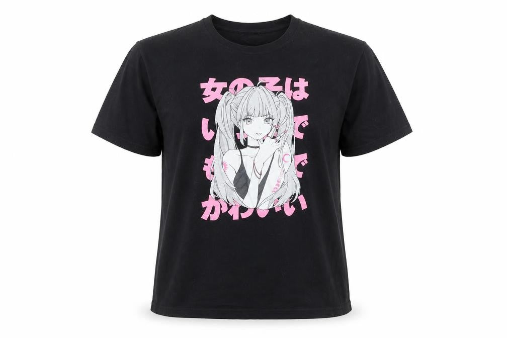 Front view of ROMWE women’s black anime graphic t-shirt, size UK 10, polyester blend