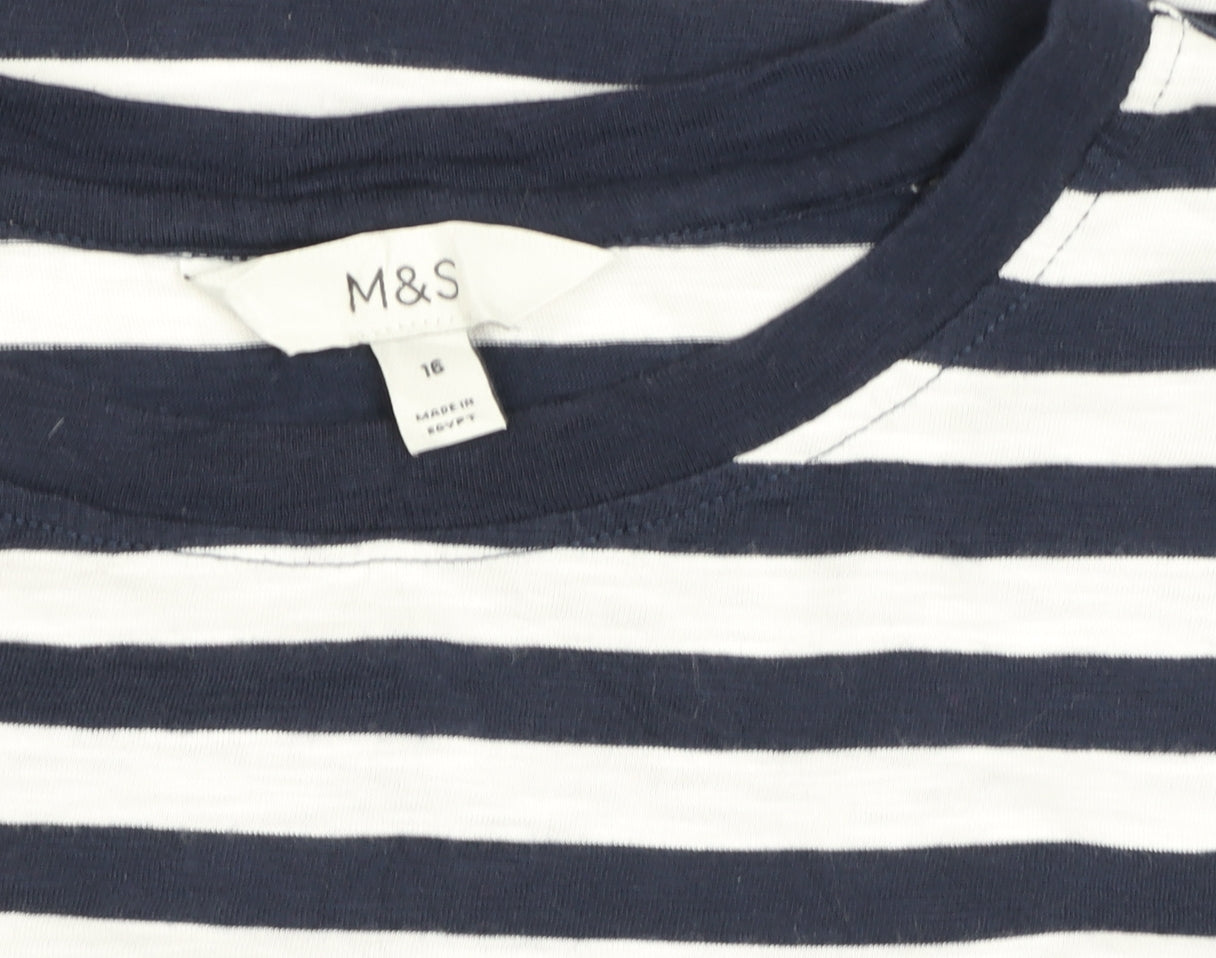 Marks and Spencer Women’s Blue Striped Long Sleeve Cotton T-Shirt Size 16