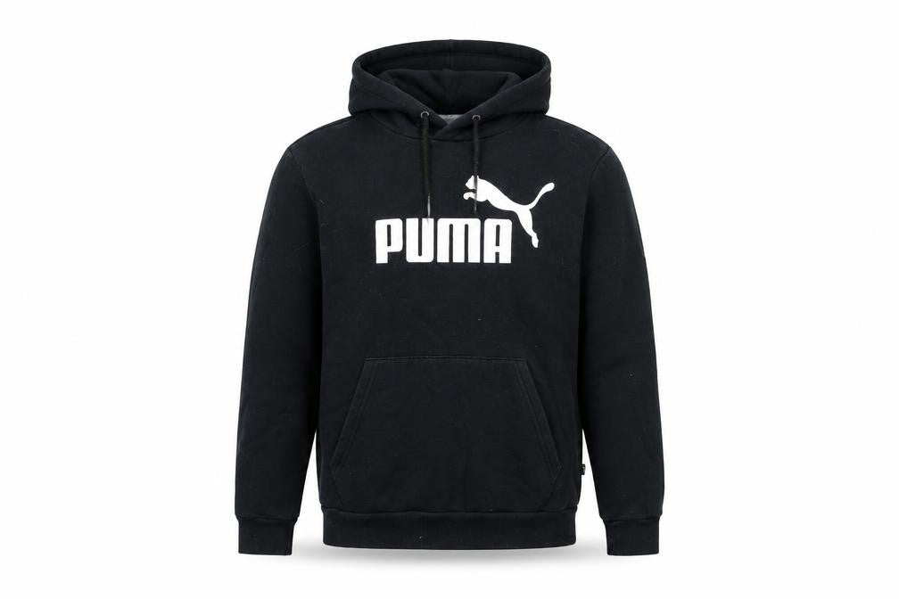 Front view of Puma Men's Black Pullover Hoodie, size S, Logo Fleece Sweatshirt