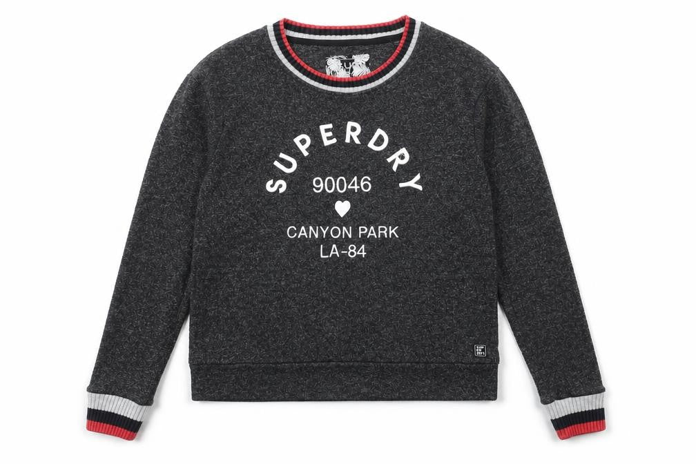 Front view of Superdry women’s grey crew neck sweatshirt, size UK 10, regular fit