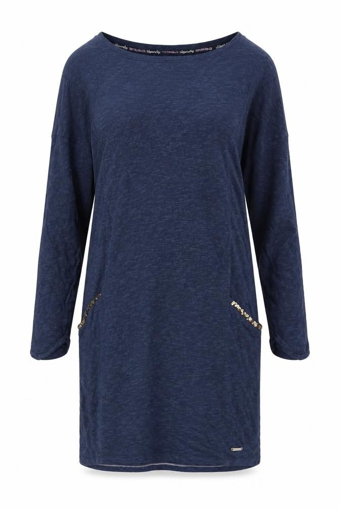 Front view of Superdry Women Blue Sequin Pocket Shift Dress, size S