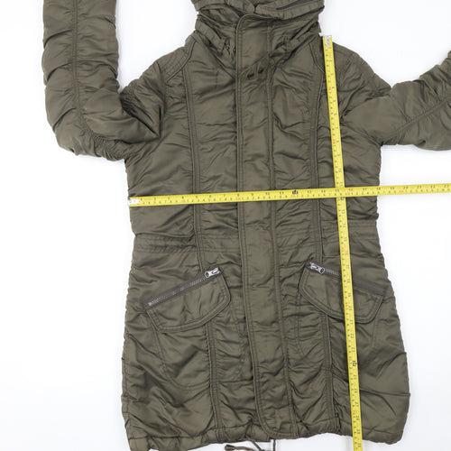 Pink Women’s Green Long Hooded Puffer Coat Size S Polyamide