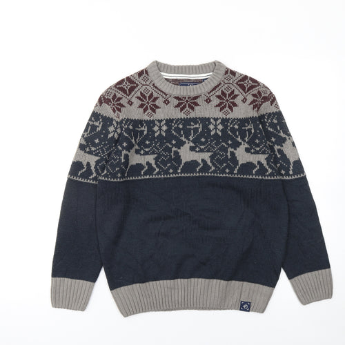 James Darby Boys Grey Navy Fair Isle Acrylic Crew Neck Jumper 9-10 Years