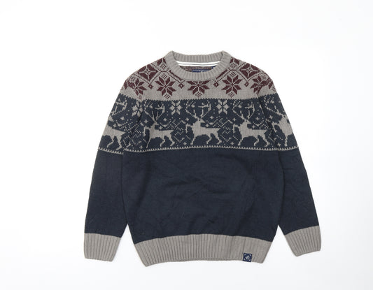 James Darby Boys Grey Navy Fair Isle Acrylic Crew Neck Jumper 9-10 Years