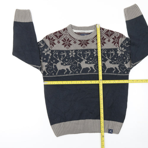 James Darby Boys Grey Navy Fair Isle Acrylic Crew Neck Jumper 9-10 Years
