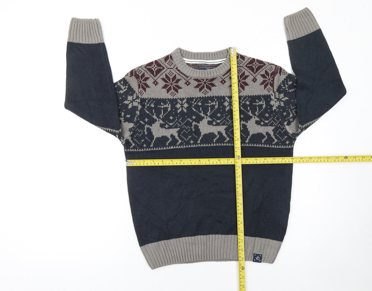 James Darby Boys Grey Navy Fair Isle Acrylic Crew Neck Jumper 9-10 Years