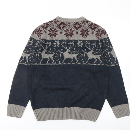 James Darby Boys Grey Navy Fair Isle Acrylic Crew Neck Jumper 9-10 Years