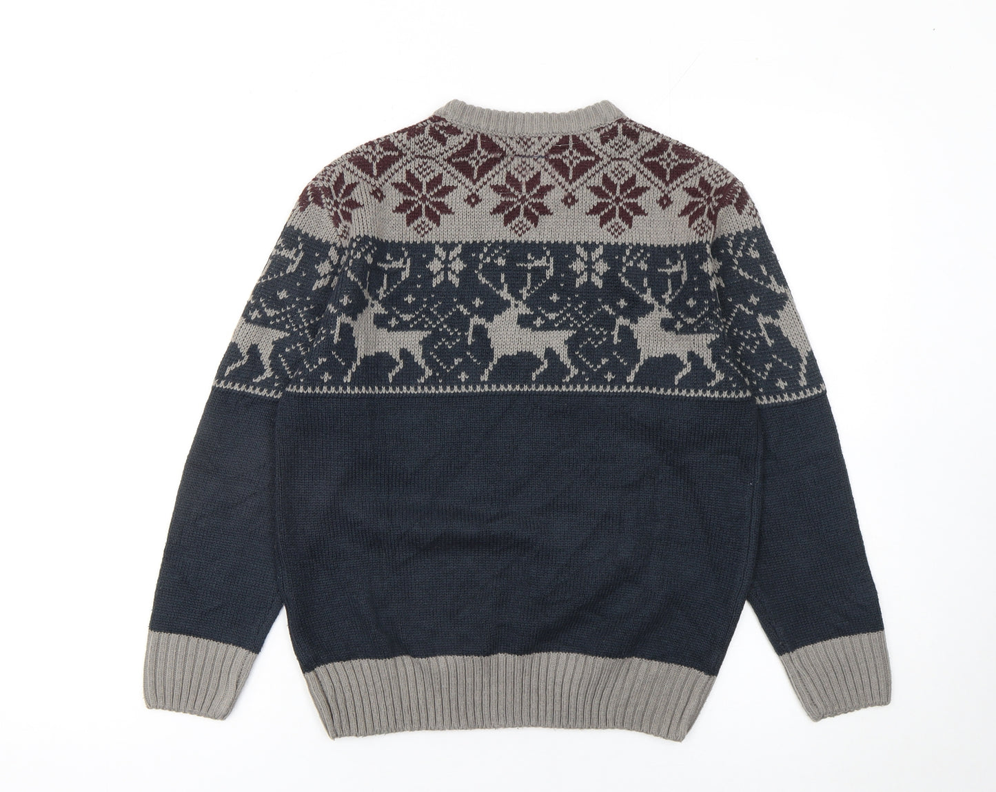 James Darby Boys Grey Navy Fair Isle Acrylic Crew Neck Jumper 9-10 Years