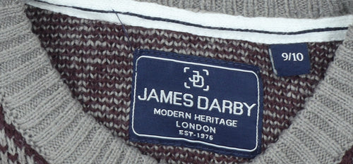 James Darby Boys Grey Navy Fair Isle Acrylic Crew Neck Jumper 9-10 Years