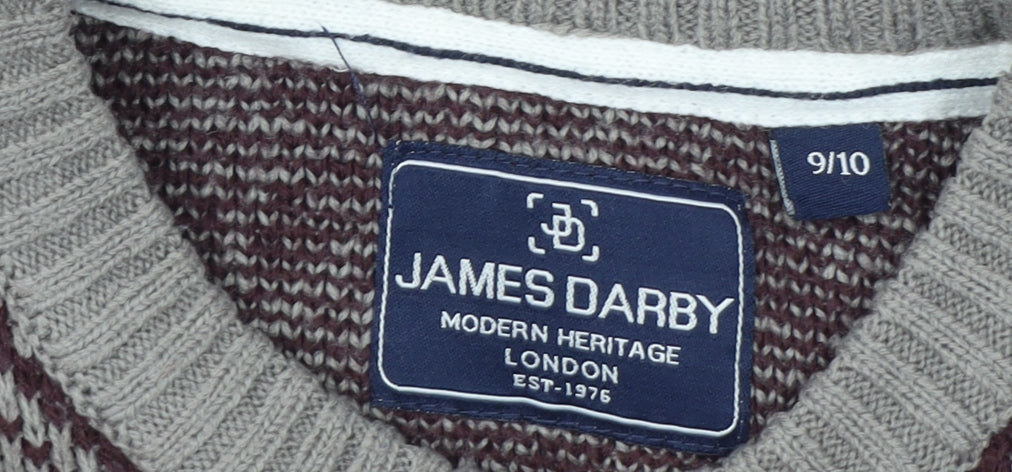 James Darby Boys Grey Navy Fair Isle Acrylic Crew Neck Jumper 9-10 Years