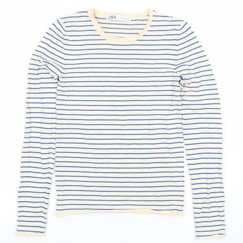 Zara Womens Beige Blue Striped Long Sleeve Cotton T-Shirt S